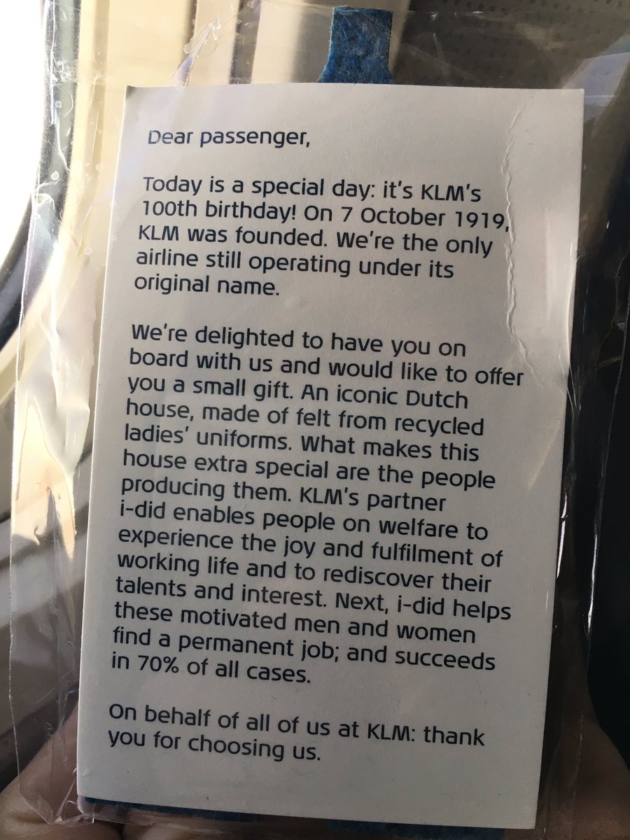 AeronewsGlobal's tweet photo. Happy 100th Anniversary, @KLM! Here’s to the next 100 years above the clouds! To mark this day, every passenger on KLM’s flights operated today around the world receives as a gift an iconic Dutch house made of felt from recycled ladies’ uniforms. 🇳🇱 #klm100 @KLM_press @luchtvaart https://t.co/CdYe5Jdp7T