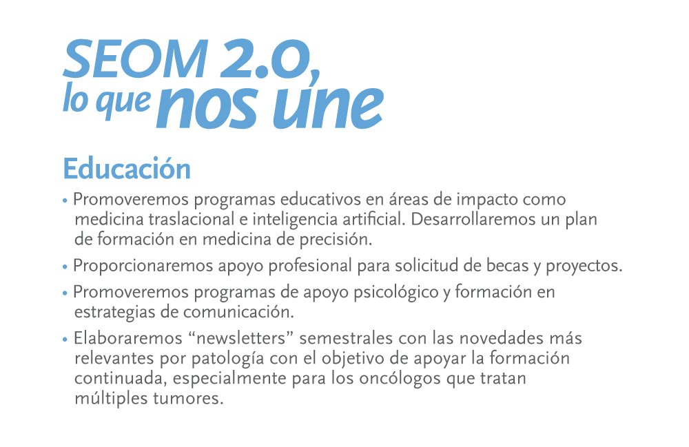 Consideramos la formación y la comunicación dos aspectos esenciales para fomentar el crecimiento de los profesionales de @_SEOM. Consulta los puntos destacados de nuestro programa en #Educación ⬇