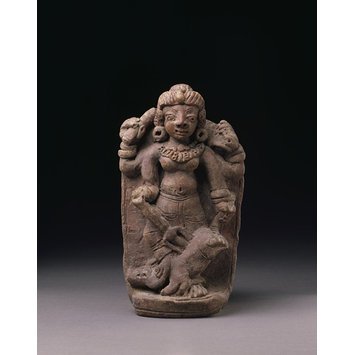 Devi Durga Mahishasurmardinibeautifully done in clay! height 17.5cmterracotta sculpturemid 7th century Uttar Pradeshas per  @V_and_A Durga is recurrent subject from Kushan period (1st century AD-320 AD) onwards?thus which would be oldest find? appearance of Durga?