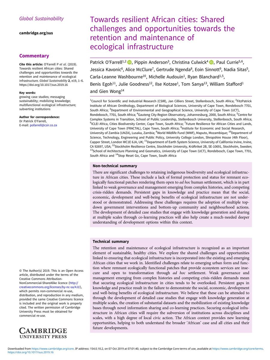 Excited to see an article from our collaborative effort published. 'Towards resilient African cities: Shared challenges and opportunities towards the retention and maintenance of ecological infrastructure' check it out: bit.ly/2Os0OP0
#greeninfrastructure #Africancities