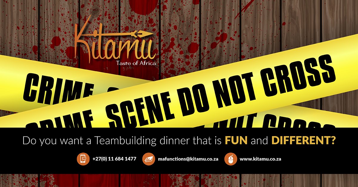 Kitamu_SA's tweet photo. Do you want a Teambuilding dinner that is FUN and DIFFERENT?
Now you can join South African Murder Mysteries™ at Kitamu in Melrose Arch for a Murder Mystery Dinner where you and your colleagues are all suspects in a story. Visit https://t.co/mJF99wm5Ra for more info &amp; bookings. https://t.co/0YGMONxho2