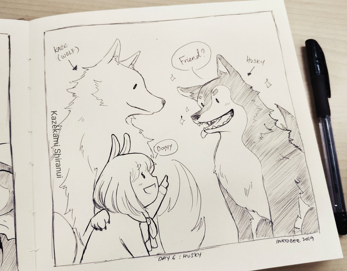 Komainui's tweet photo. Day 6: Husky

Abit tired so did a simple drawing. Kaze and Mana with another doggo xD
.
.
.
.
#KazekamiShiranui #Mana #kazeOC #KazeArt #originalcharacter #OriginalArt #inktober2019 #inktobermalaysia #inktober #ballpointpen https://t.co/n1k5NXqW8m