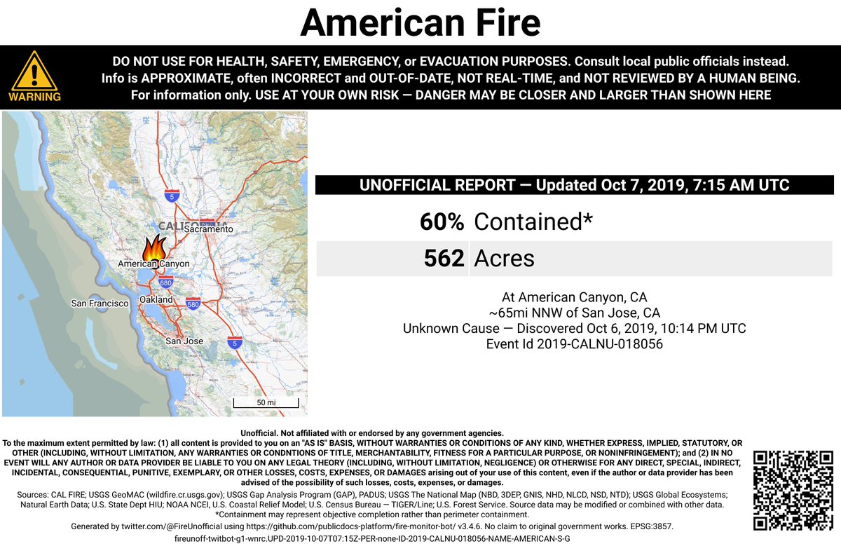 2019-CALNU-018056 - #AmericanFire 🔥 unofficial, automated update.
At American Canyon, CA. ⚠️ DO NOT USE FOR SAFETY PURPOSES - See officials instead. May be incorrect; disclaimers in images.