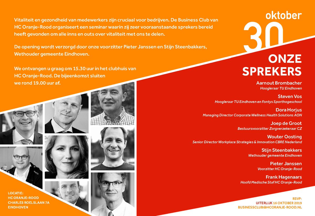 Op woensdag 30 oktober organiseert de Business Club van HC Oranje-Rood voor ondernemers en betrokkenen uit het bedrijfsleven een seminar over Vitaliteit.U kunt zich hiervoor aanmelden door een mail te sturen naar businessclub@hcoranje-rood.nl #inspirerend #informerend #visionairs