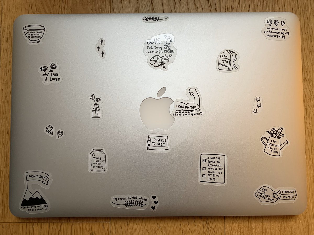 NikkiThean's tweet image. I cleaned off all my old laptop stickers and replaced them with others that:
a) are COMPLETELY the opposite of my personality 😂
b) are, because of that, messages I really need regular reminders of

I do miss my #KSQL sticker, though ;)