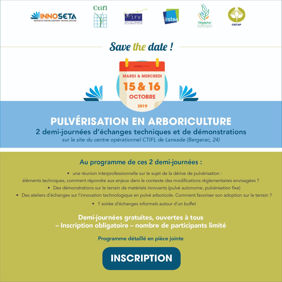 CodisIfv's tweet photo. Next @INNOSETA workshop on innovation in spray application for orchard to be held next week 15 and 16th of October in Bergerac (CTIFL facilities) : interactive discussions and demonstration of innovations. Organized by @vignevinfrance  (IFV), CTIFL, IRSTEA  and Vegephyl. https://t.co/rYfKZoIMgo
