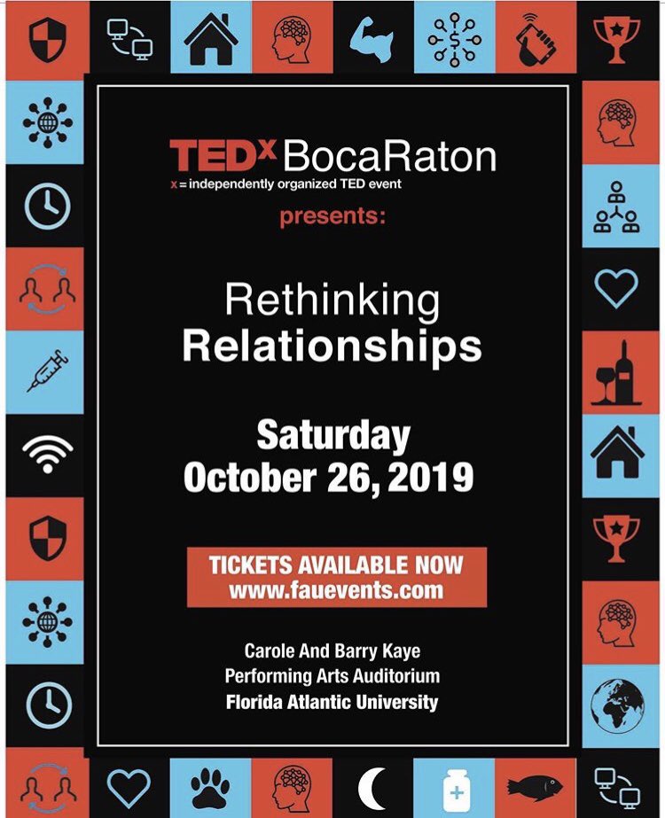 5 reasons to attend TEDxBocaRaton:
👉 Be around interesting people
👉 Listen to speakers about various topics that relate to Rethinking Relationships 
👉 Get to see your friends all at once 
👉 Get involved and support community events
👉 Simply to change things up a bit