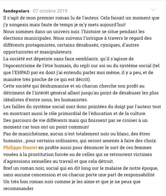 « un roman noir, social qui en dit long sur le malaise de notre époque, sans aucune concession et où chacun porte une part de responsabilité.
Un très bon roman noir comme je les aime et que je ne peux que recommander »

Fan de Polars / Babelio
babelio.com/livres/Hauret-…