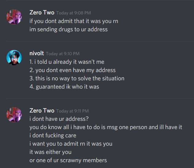 Nivoltt's tweet image. So Zero Two is making me seem like a bad guy here but take a look at his very kind messages and please tell me these wouldn't make you upset. Now doesn't he seem like he's out of order?