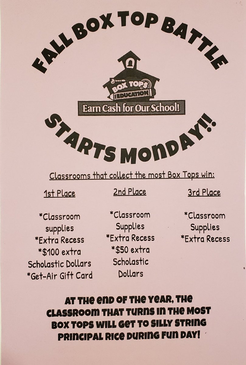 Our Fall Box Top Battle begins today! Send in your clipped Box Tops until Friday, October 18th!