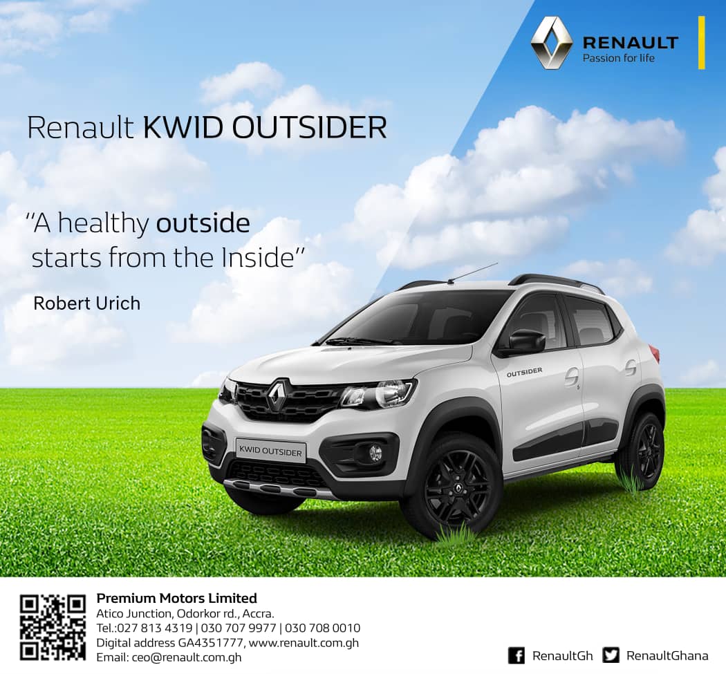 RenaultGhana's tweet photo. Live carefree with the Renault KWID OUTSIDER, reloaded live for more edition. #MondayMotivation #renaultkwid #kwidoutsider #liveformore #liveformorereloaded https://t.co/I5y60vnzr1