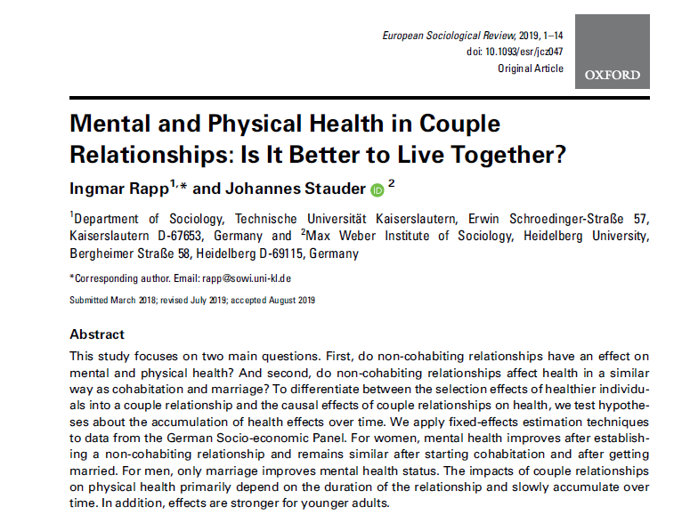 akadsoz's tweet photo. Living apart or together?
Establishing a non-cohabiting relationship leads to better mental health, as cohabitation & marriage do - but for women only.
@ESR_news paper based on #GSOEP @DIW_Berlin data by I Rapp @uni_kl & J Stauder @UniHeidelberg
https://t.co/ZZxjRVsybU
Gated! https://t.co/eq1YRmdahQ