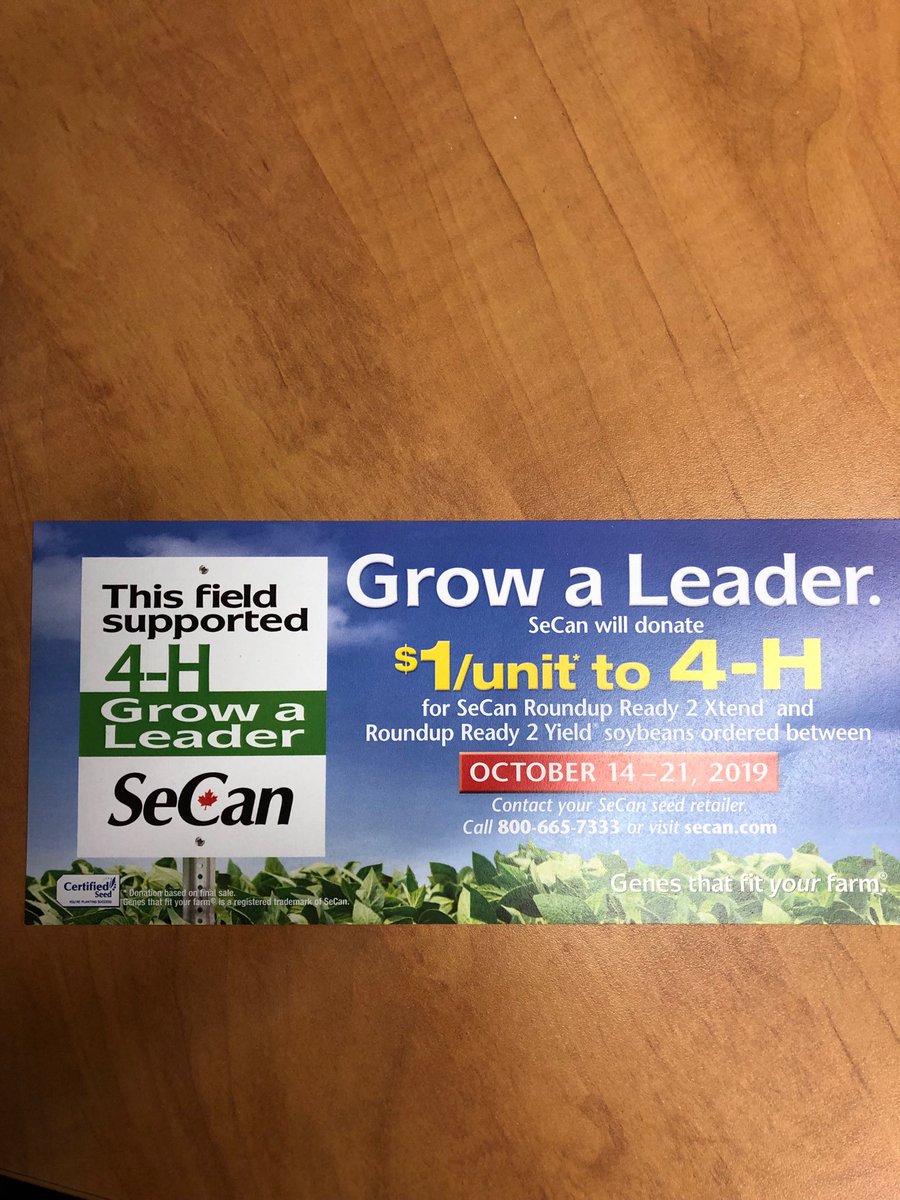 Book your SeCan soybeans next week and support 4-H Clubs. Last year SeCan donated⁦ $62,647. Let’s beat that this year!! ⁦<a href="/4HManitoba/">4-H Manitoba</a>⁩ ⁦<a href="/SeCanBrad/">Bradley Pinkerton</a>⁩ #growaleader