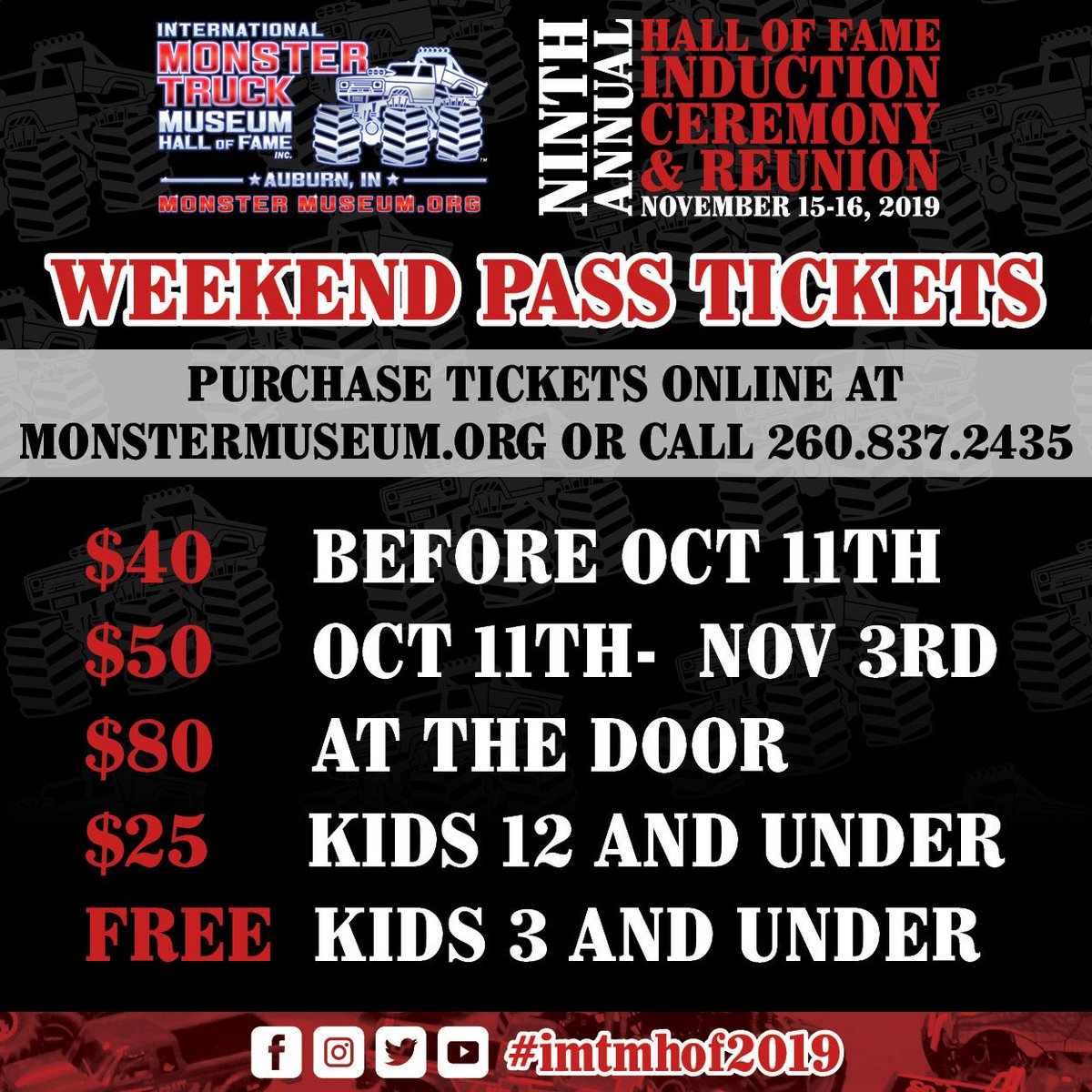 IMTM_HOF's tweet photo. Fans don't forget this is the last week to get your tickets at $40! Tickets go up to $50 on Friday October 11th.Visit our website https://t.co/UQg0GObcww or call 260-837-2435 to purchase your tickets today! #imtmhof2019 #monstertruckmuseum #historyinthemaking https://t.co/YKumUm2gzj
