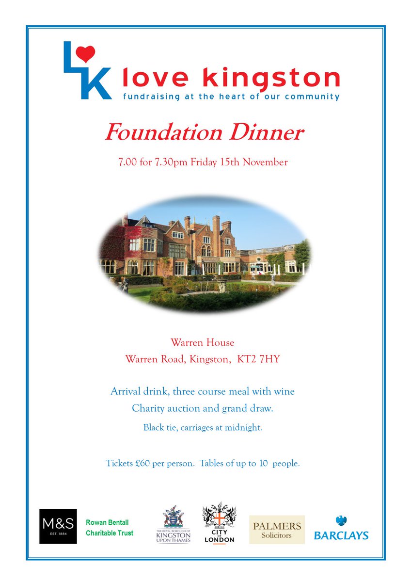 KingstonGiving's tweet photo. Join us for the Love Kingston Foundation Fund Dinner - a glass of fizz on arrival, delicious 3 course meal with wine, auction and grand draw. All proceeds of this fun black tie fundraiser will go to the Love Kingston Community Foundation ❤️❤️❤️https://t.co/emQaVDsw4v https://t.co/QBzeSx81pC