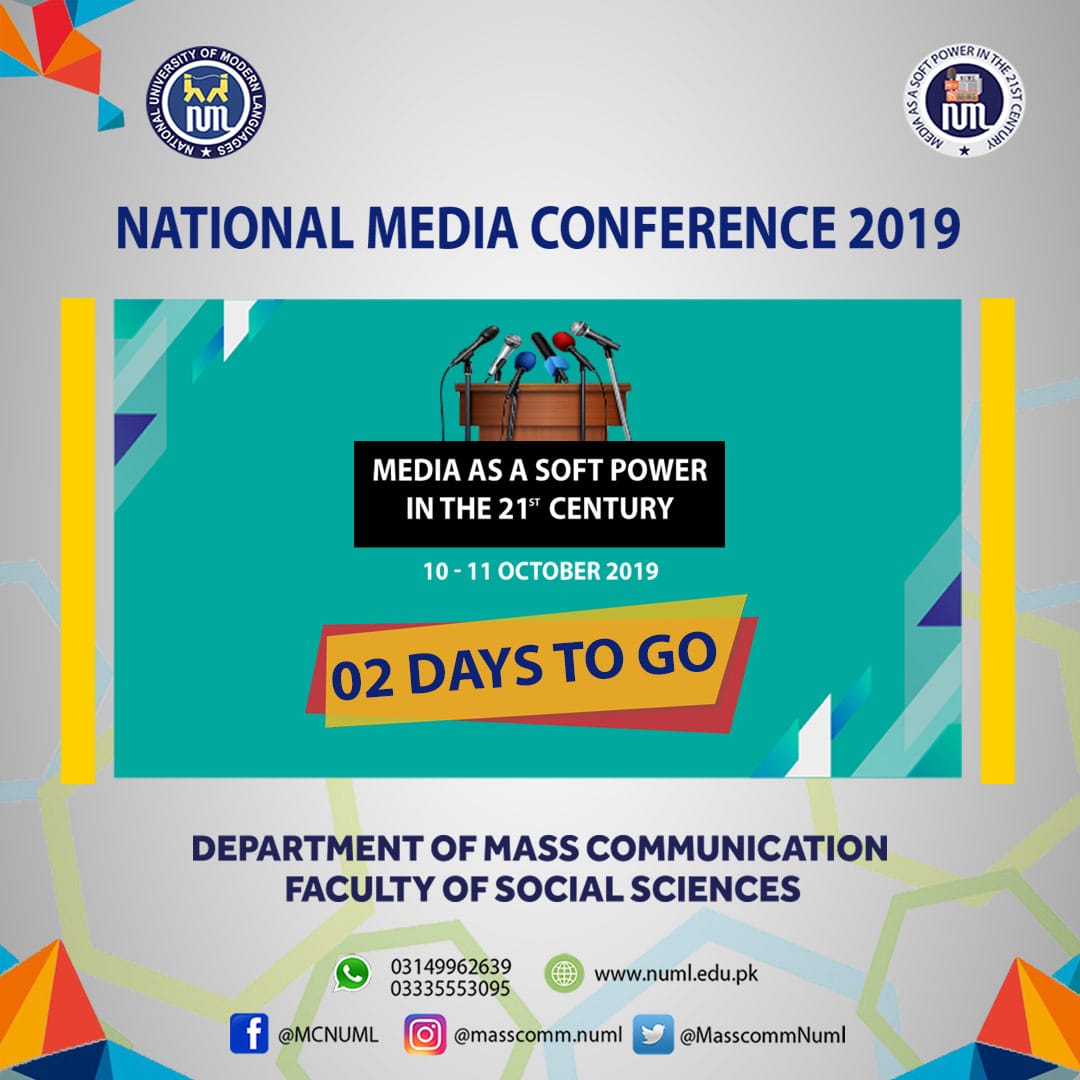 aniqa_waheed98's tweet photo. 2 DAYS TO GO 🔥

Follow @MasscommNuml for furthur updates 

#numl #masscomm #conference #softpower #Peace #warjournalism #socialmedia #webjournalism #mediaidentity #imagebuilding #publicrelations #climatechange #globalization #politicalcommunication #webjournalism https://t.co/ztI3F9enA6