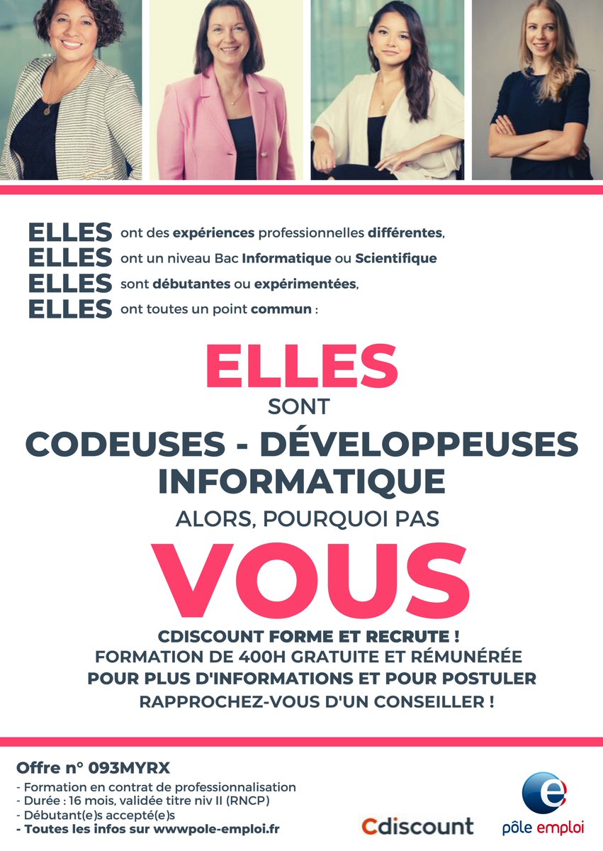 Cdiscount_news's tweet photo. Passionnée par l'univers du #digital ? Formez-vous aux métiers de codeuse ou de développeuse grâce à la Masterclass en alternance de Cdiscount en partenariat avec @pole_emploi et l' @EPSI_Ecoles 💻 Infos & inscriptions ➡️ https://t.co/6QKNevqzP8 #mixité #égalitépro #digitaladies https://t.co/TUKbXsL5Ks