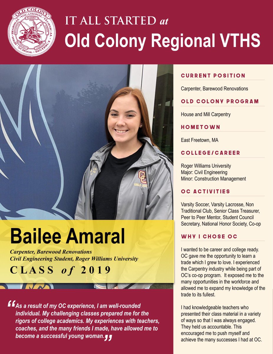 OCSuper's tweet photo. Meet Bailee Amaral (2019, Carpentry). Bailee is gainfully employed in her field, while she pursues a major in Civil Engineering &amp; a minor in Construction Management at Roger Williams University. @OldColonyRVTHS @AthleticCougars @OC_Carpentry @MAVAKevinFarr @JeffreyCRiley #WeAreOC https://t.co/s9EMzfLtNm