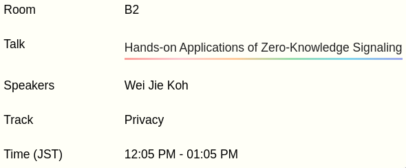 weijie.eth (@weijie_eth) on Twitter photo <a href="/EFDevcon/">Devconnect ARG</a> 5 participants, you can use your <a href="/poapxyz/">POAP - Bookmarks for your life</a> token to anonymously vote in polls!
Come to my workshop on Friday, Oct 11 at 12.05pm, room B2, for a deep dive into this practical use case of zero-knowledge proofs. All are welcome! <a href="/EFDevcon/">Devconnect ARG</a> 5 participants, you can use your <a href="/poapxyz/">POAP - Bookmarks for your life</a> token to anonymously vote in polls!
Come to my workshop on Friday, Oct 11 at 12.05pm, room B2, for a deep dive into this practical use case of zero-knowledge proofs. All are welcome!