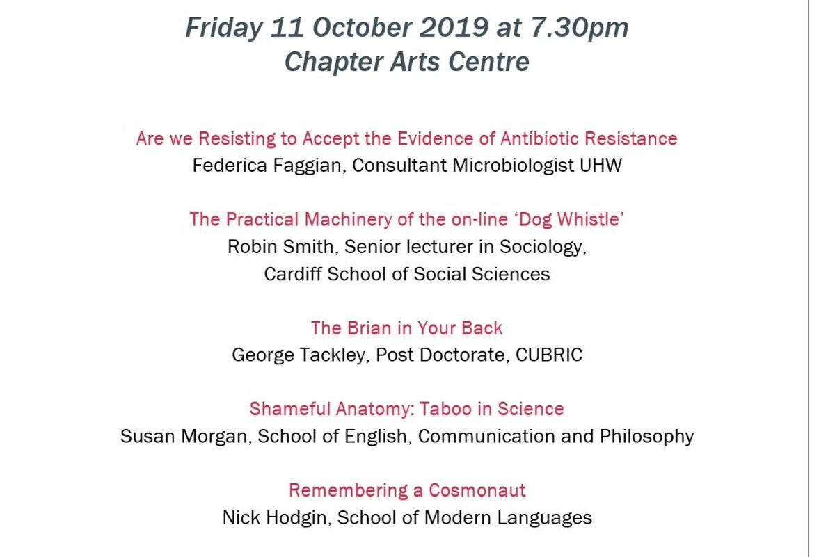The Public Uni is back with an exciting programme! Our 26th event will take place coming Friday, October 11, at 19.30 at <a href="/chaptertweets/">Chapter Arts Centre</a> Hope to see you there. <a href="/Cardiffuninews/">Cardiff Uni Comms</a>  <a href="/PhDEnglishCCT/">Cardiff English/CCT PhD</a> <a href="/CardiffEvents/">Cardiff Events</a> <a href="/DrMarkTaubert/">Drmarktaubert</a> <a href="/CUmedicengage/">Cardiff University School of Medicine</a> <a href="/CUBiosciences/">Cardiff University School of Biosciences</a> <a href="/CUBRICcardiff/">CUBRIC</a> <a href="/cardiffmlang/">Modern Languages</a>