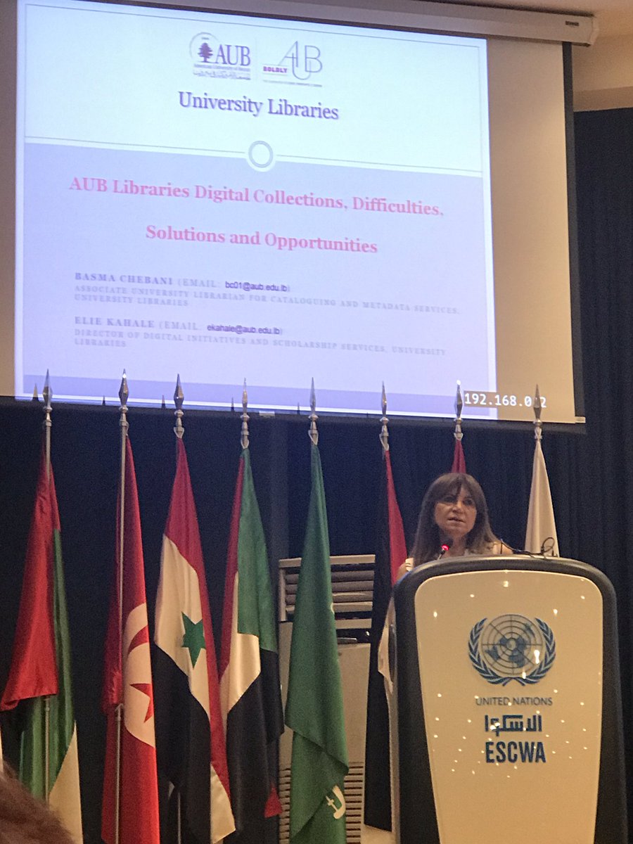 ImanDia09's tweet photo. Ms. @basma18 presenting @AUB_Lebanon libraries preservation projects experience during UN LINKS &amp; LLA open dialogue #SDGs @LebLibAssociati #UNESCWA https://t.co/wqKupnjxG4