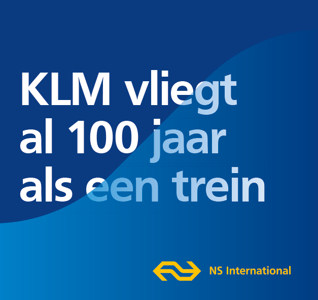 NS feliciteert <a href="/KLM/">KLM</a> met haar 100-jarig bestaan. Een iconisch merk; toonaangevend in de reiswereld. Onze koninklijke trots heeft altijd koers weten te houden en is elke dag op weg naar beter. Dat merk je als passagier: KLM vliegt als... tja, hoe zeg je dat? Als een trein! #KLM100