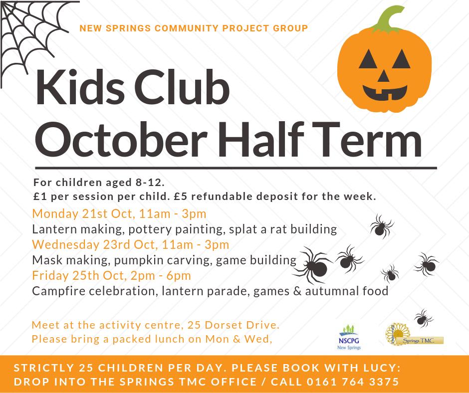 NSCPG's tweet photo. Registration for our popular October Half Term Kids Club is open. Places are limited and must be pre-registered to attend. Contact Lucy on 0161 764 3375 or drop into the Springs TMC office to regsiter. https://t.co/OantX2FTiw