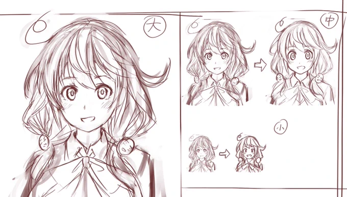 遅れまくっていますがコミティア原稿進めていきます。
キャラクターが小さく描かれていても、どんな表情をしているか分かりやすいように、距離ごとの描き分けもまとめておきたいですね。 
