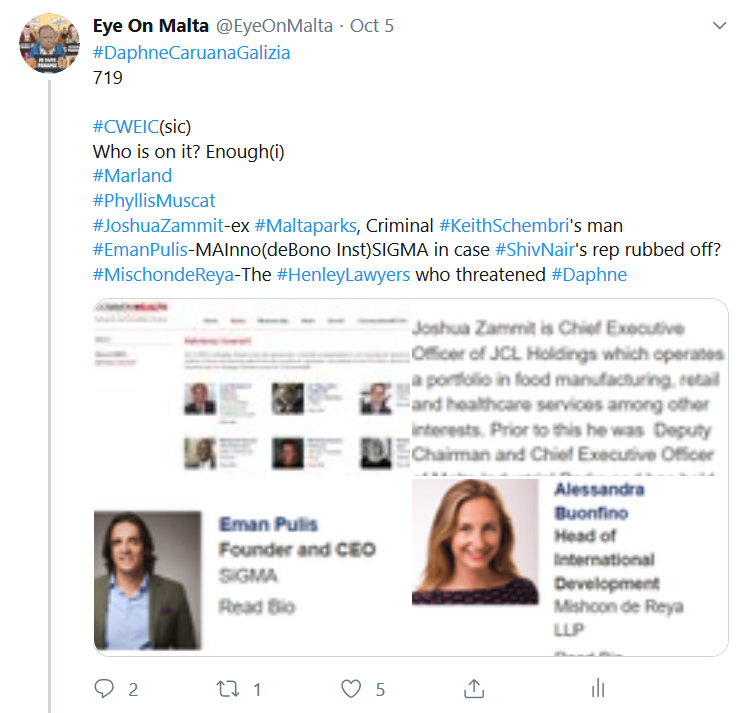 EyeOnMalta's tweet photo. #DaphneCaruanaGalizia
721
#KevinValencia  of #InternalInquiry now on #MaltaBrexit Team w #MuscatEnvoyElectrogasLinked ex #CHOGM05 #PWCPart #JosephZammitTabona

AlsoThere #MichaelaMuscat-daughter of #PhyllisMuscat BFFof #JosephMuscat&amp; #Kasco

StandInCHOGMboosted #Phyllis on #CWEIC https://t.co/Zw9sT89ql0