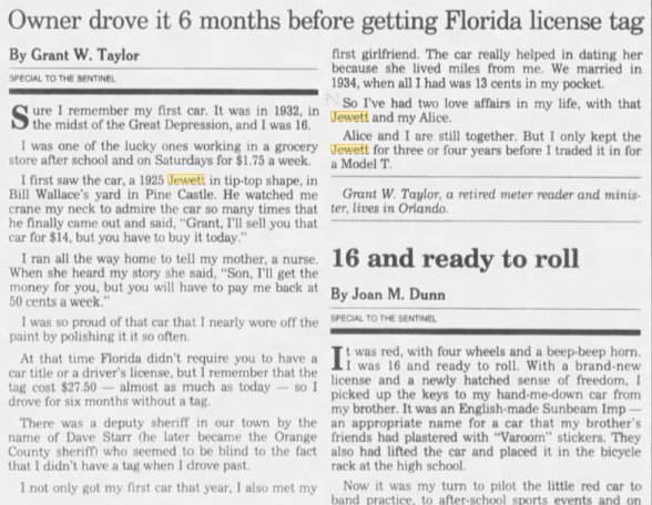 wwharney's tweet photo. 30 years ago today, The #Orlando Sentinel published Grant Taylor's story about his first car: a 1925 Jewett. He bought it from Bill Wallace in Pine Castle for just $14!! What was YOUR first car? #OTD #30YA #FirstCar #Jewett #classiccars https://t.co/3Pw0ZWKCuG