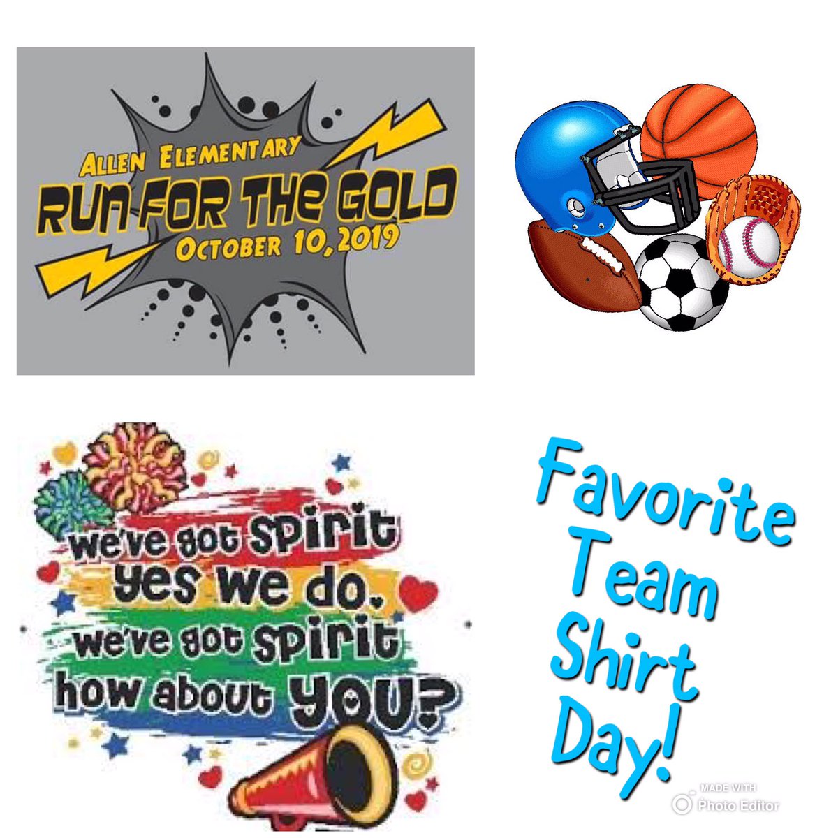 MrsIzzysclass's tweet photo. Run for the Gold week begins today. Wear your favorite sports team to show your spirit! @allenelem @ClarkinFifth @MsBell5thGrade @urbans5thgrade @5thGradeMason @AllenPTA #tramawesome #runforthegold https://t.co/CmoMBECmov
