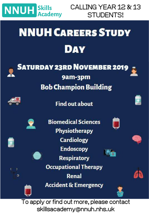 NNUHCareers's tweet photo. Applications are still open for our NNUH Careers Study Day!

If you are yet to apply please email skillsacademy@nnuh.nhs.uk stating why you would like to take part in the study day running on Sat 23rd Nov.

We will respond to applicants after the closing date on 8th November https://t.co/ihGmeMe0kD