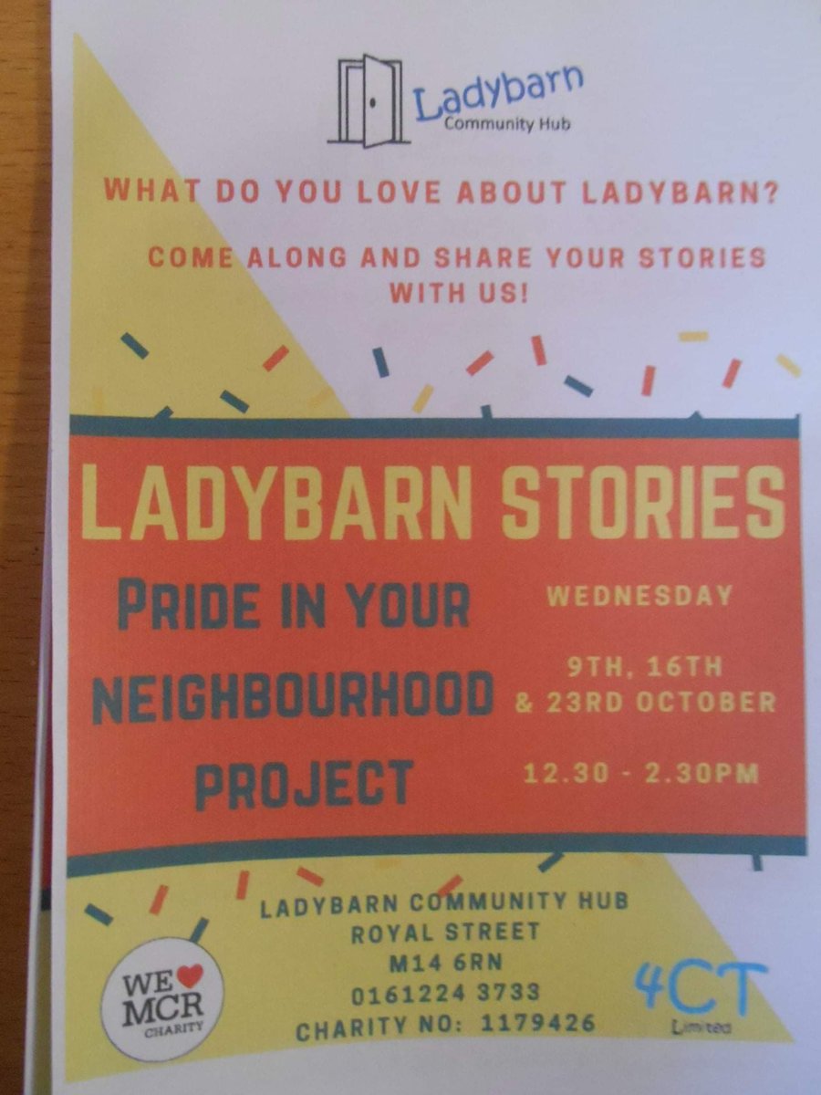 Ferdinand Morris (@morisferdinand) on Twitter photo On Wednesday 9th, 16th & 23rd Oct, Ladybarn Community Hub are running pride in your Neighbourhood sessions. These are aimed at the over 50's. Come along share your memories & photos of Ladybarn and also take part in craft & creative writing sessions. ✂️🖊️ #ladybarn <a href="/ourmanchester/">Our Manchester</a> On Wednesday 9th, 16th & 23rd Oct, Ladybarn Community Hub are running pride in your Neighbourhood sessions. These are aimed at the over 50's. Come along share your memories & photos of Ladybarn and also take part in craft & creative writing sessions. ✂️🖊️ #ladybarn <a href="/ourmanchester/">Our Manchester</a>