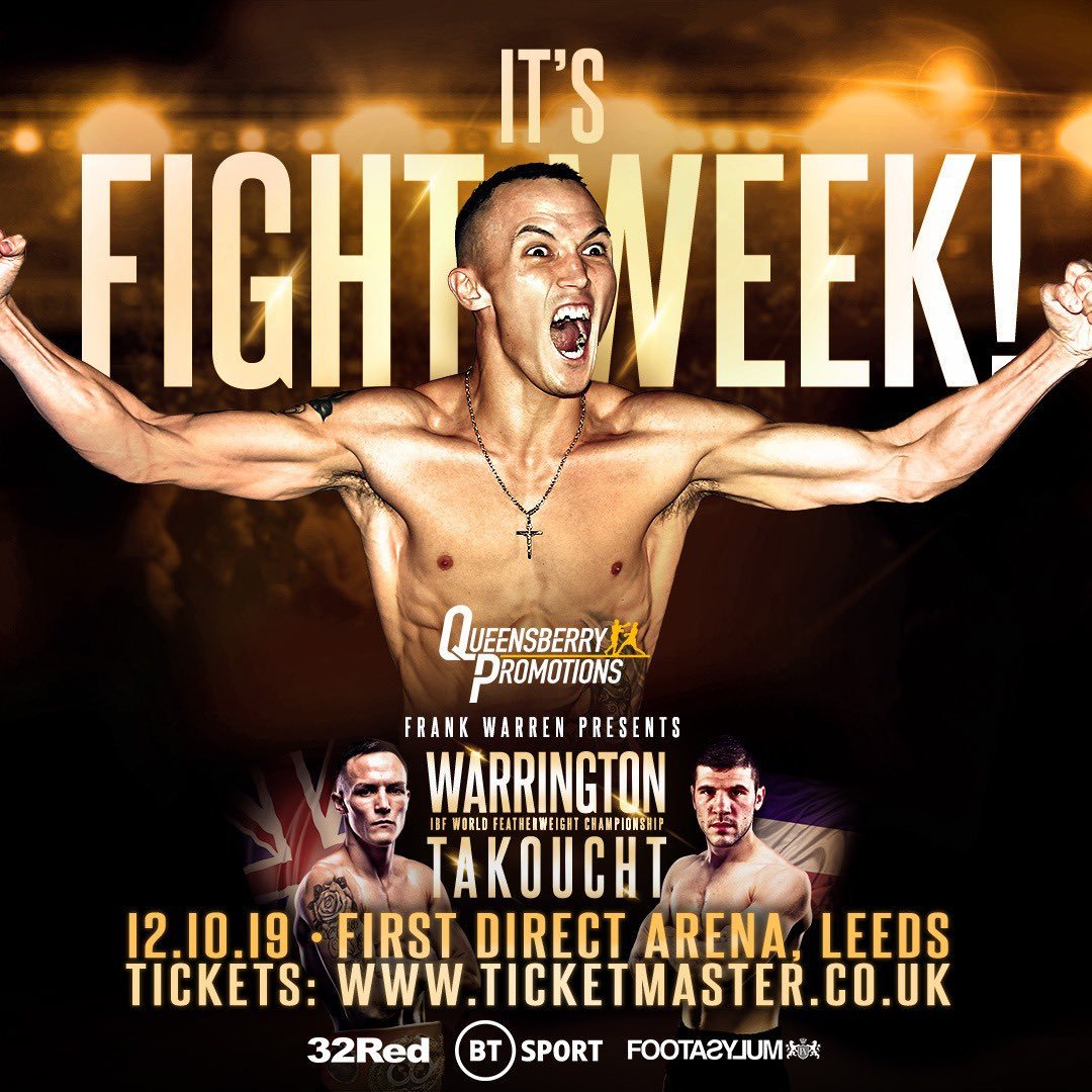 🥊It's <a href="/J_Warrington/">Josh Warrington</a> v Sofiane Takoucht at Leeds’ First Direct Arena on Saturday!

We have TWO pairs of tickets to be won!

RT, follow &amp; read our exclusive blog with @frankwarren_tv for chance to win

32red.com/blog/frank-war…

Over 18s only

T&amp;Cs: 32red.com/terms/32red-so…