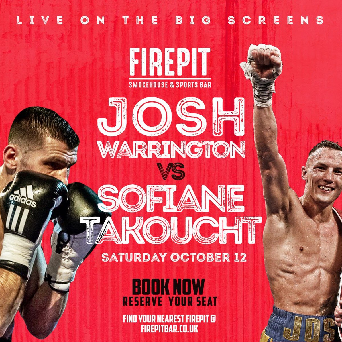 FIREPITBingley's tweet photo. 🥊FIGHT NIGHT 🥊
JOSH WARRINGTON VS SOFIANE TAKOUCHT

Join us on Saturday 12th October to watch these two go head to head.

Book early to avoid disappointment!

See you then, Pitters! 

#FightNight #FireItUp #Boxing #LiveSports #JoshWarrington #SofianeTakoucht https://t.co/7kTvv1mOaO