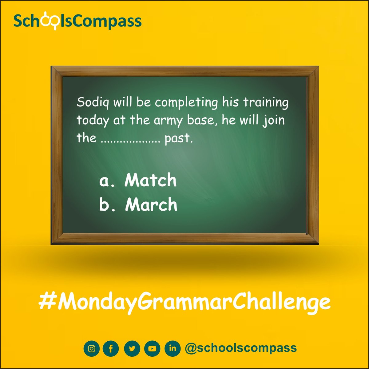 SchoolsCompass's tweet photo. It's another Monday and we challenge you today to test your grammar.
Also, like and share with your loved ones so that they can learn.
P.S - the correct answer will be revealed this Wednesday at 11AM.
#grammar #grammarchallenge #mondaygrammar #schoolscompass
#monday #grammar https://t.co/Zxdm98NuuZ