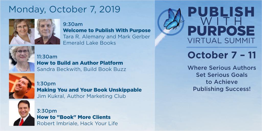 The Publish with Purpose virtual summit starts in just 2 hours! Today, we'll hear from @eandtsmom Mark Gerber, @sandrabeckwith @JimKukral and @RobertImbriale 

We hope to see you there! elbks.com/pwpsummit

#authorplatform #unskippable #clientattraction #publishwithpurpose