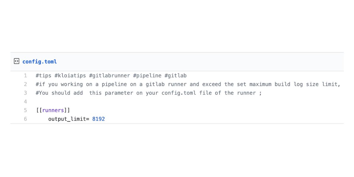 kloia_com's tweet photo. if you working on a pipeline on a gitlab runner and exceed the set maximum build log size limit,
You should add this parameter on your config.toml file of the runner ;
#tips #kloiatips #gitlabrunner #pipeline #gitlab #kloia https://t.co/i5pAYvDNf5