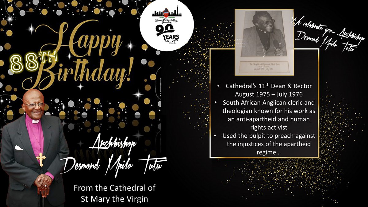 CathedralVirgin's tweet photo. One of South Africa's most loved icons, Archbishop Emeritus Desmond Tutu celebrates his 88th birthday today!!!

The human rights activist and Nobel laureate &amp; the Cathedral's 11th Dean &amp; Rector - August 1975 - July 1976.
We wish you a happy 88th Birthday Archbishop Tutu. https://t.co/bz6ELurbMo