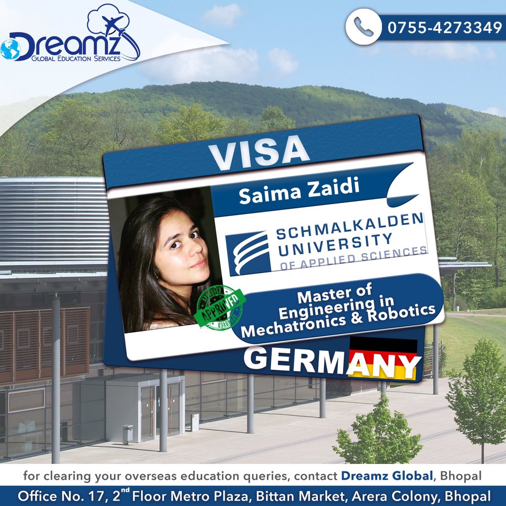 |💐Congratulating #Saima_Zaidi for getting her #VISA approved for pursuing
|#Master of #Engineering in #Mechatronics & #Robotics|
#germanyuniversities #GermanystudyVisa #bhopal #VISA_Provision #Best_VISA_consultancy #winterintake2019