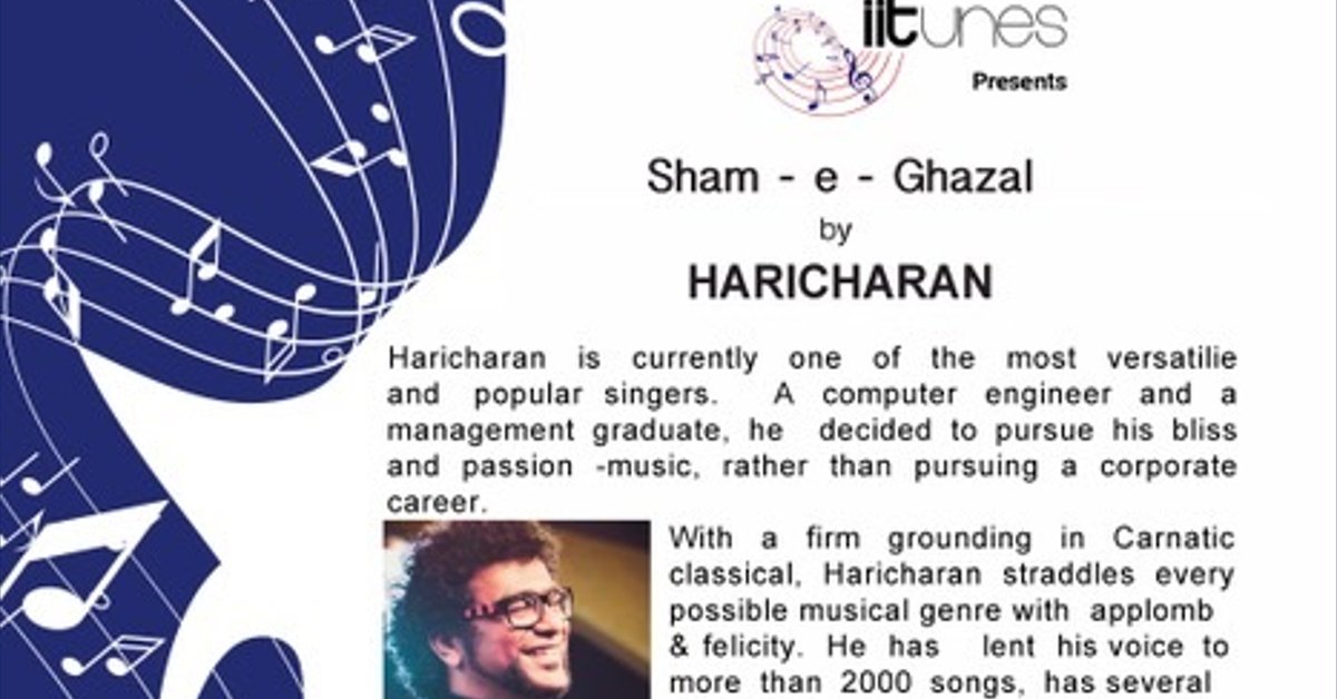 Register your interest in the following link
facebook.com/events/1310532…

#IITunes #ShameGhazal #Haricharan #voiceofHaricharan #timelessmelodies #IITAlumnifriends #music #concert #musicconcert