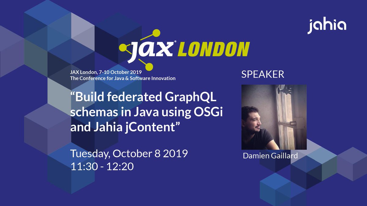 "Build federated GraphQL schemas in Java using OSGi and Jahia Content"🎙️Don't miss out Damien Gaillard's talk tomorrow at <a href="/jaxlondon/">JAX London</a> #MakingDigitalSimpler #JaxLondon