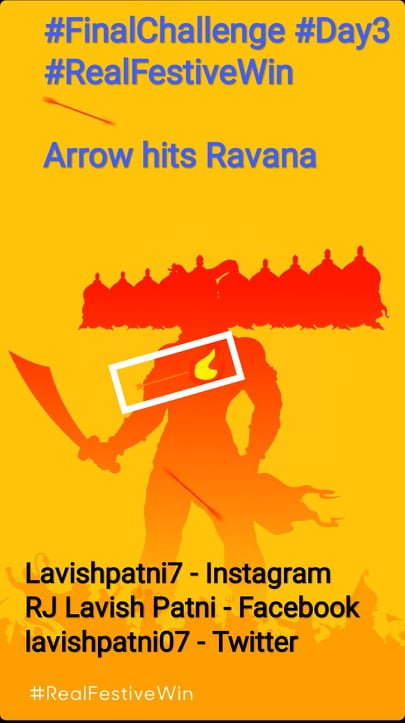 lavishpatni07's tweet image. @realmemobiles #finalChallenge #Day3

Spotted Arrow hits Ravana on Instagram

#ContestAlert #Contest
#Dussehra #Realme
#RealFestiveWin
#realmeXT 

Join
@shivams009 
@blessedkamal 
@bhelman9
@kalpeshrana111 
@shaktijain101
@SKchandan07
@wasimkhan627
@thisispriyankaa 
@itsme_rooh