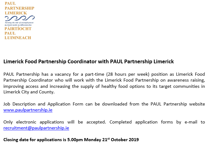 HealthyLimerick's tweet photo. Interesting job opportunity. #LimerickFoodPartnership is an exciting project superbly hosted by @paulpartnership &amp; led by exceptional cross-sectoral steering group initially established through #LimerickLCDC's @HealthyLimerick Chairs:@niamhhourigan1 &amp; @RedsLimerick Seamus Enright https://t.co/TVqBP2oZV0