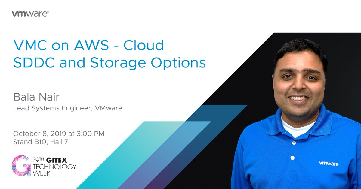 VMware_ME's tweet photo. Listen to Bala Nair as he covers VMC on AWS and how VMware enables organizations to extend to the public Cloud on 8-Oct 2019 at the GITEX Technology Week. Visit us at Hall 7, Stand B10.
https://t.co/J2AMpw7ucm
#VMwareGITEX #VMware https://t.co/T22qVOsKv0