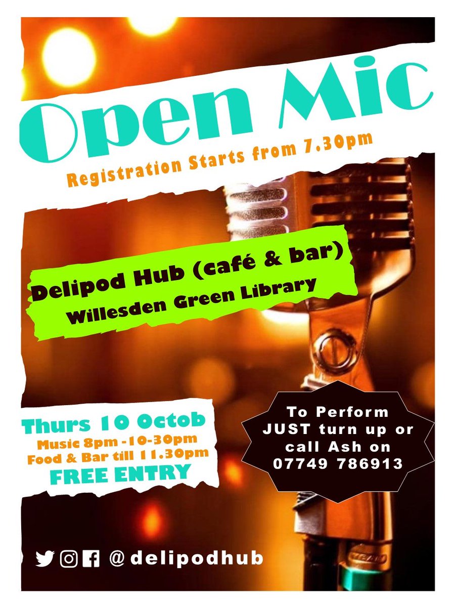 delipodhub's tweet photo. OPEN MIC @ Delipod Hub - Thurs 10 Oct - always entertaining, fun and often inspiring. C U @ The Hub
@BrentLibraries @KensalGreenRA @KensalRiseRA @LifeInKilburn @NW10KTRA @WillGreenRA https://t.co/EgAOJGHwF5