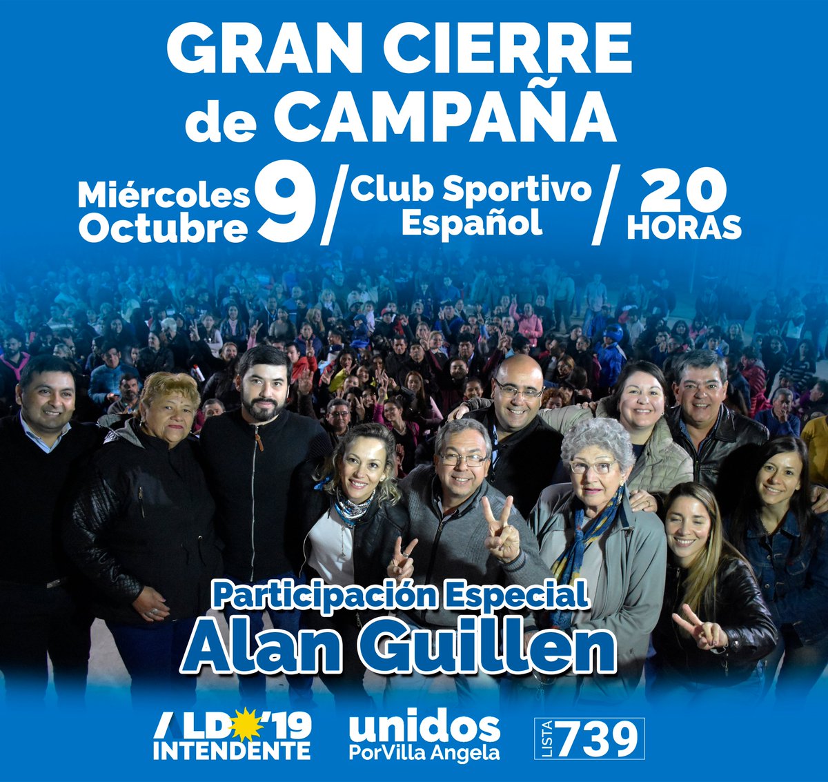 Este Miércoles 9⃣ el equipo de la LISTA 739 #UnidosPorVillaÁngela te invita al GRAN ACTO de CIERRE DE CAMPAÑA desde las 20 Hs. en el Club Sportivo Español.

Y cerraremos la noche con la actuación especial de Alan Guillen 

¡ Te Esperamos !