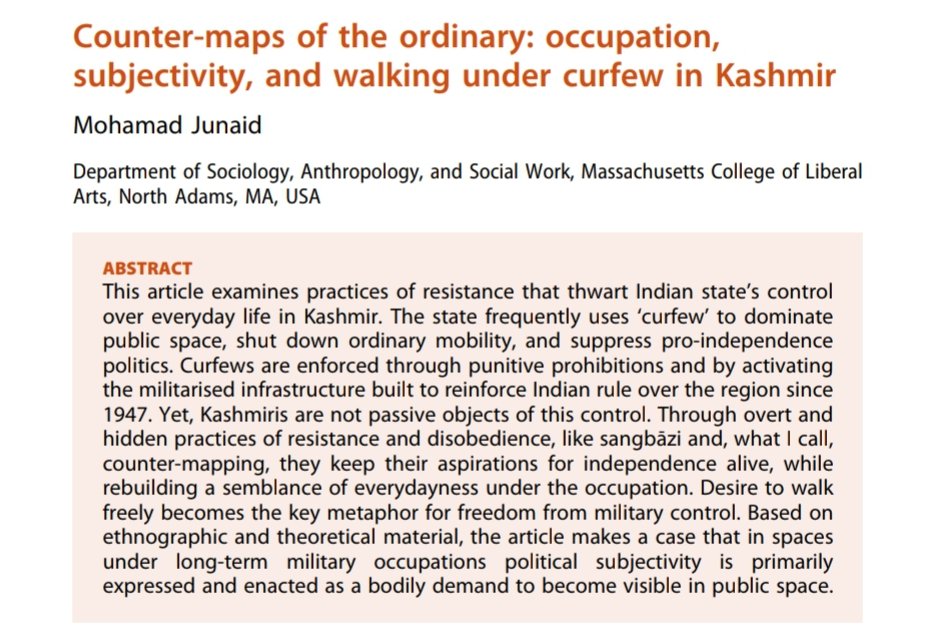IDjnl's tweet image. 'Counter-maps of the ordinary: occupation, subjectivity, and walking under curfew in #Kashmir' by @mjunaidr:

tandfonline.com/doi/full/10.10…

@NasarMeer @jean23bean @aaronzwinter @e_c_hill @GezimK @Routledge_Socio
 
#PoliticalSubjectivity #CounterMapping