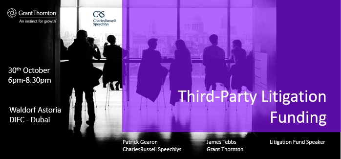 #thirdpartylitigationfuding(TPLF) allows a party to litigate or arbitrate without incurring costs. Join James Tebbs of @GTUAE, Patrick Gearon FCIArb of Charles Russell Speechlys and Nick Rowles-Davies of LCM on October 30th to learn more. lnkd.in/fvdQi-R