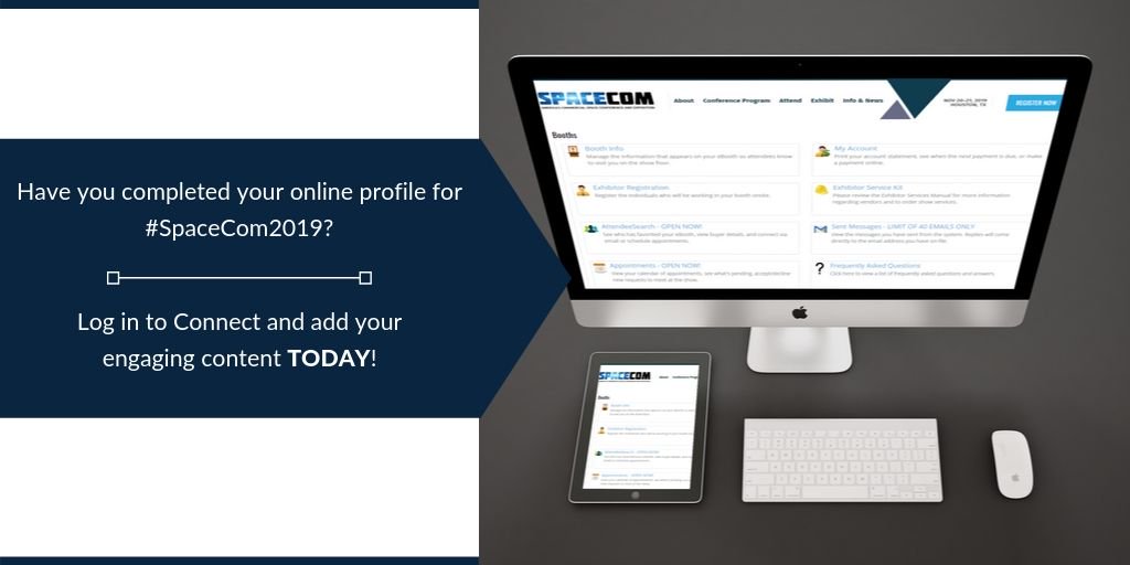 a2zDigitalMedia's tweet photo. .@SpaceComExpo Exhibitors: Attendees are 2-3x more likely to click on your online profile if it includes engaging content. They use this info to plan for who they will visit at #SpaceCom2019. Add your engaging content TODAY! Login: https://t.co/SMMesI3eKF https://t.co/z8MDP5PrXR